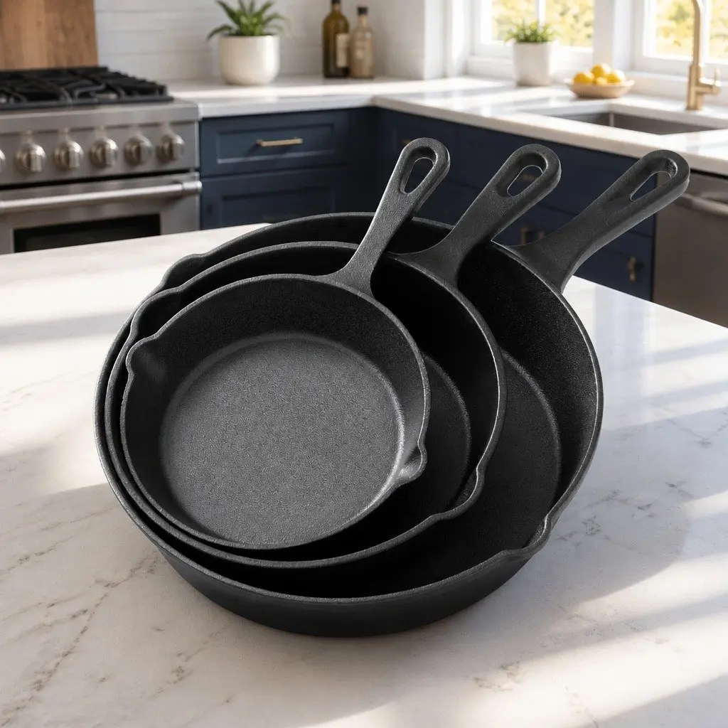 Cast Iron Frying Pan Set 3 Piece Non Stick Cookware Double Pouring Spouts Fast Heat Transfer