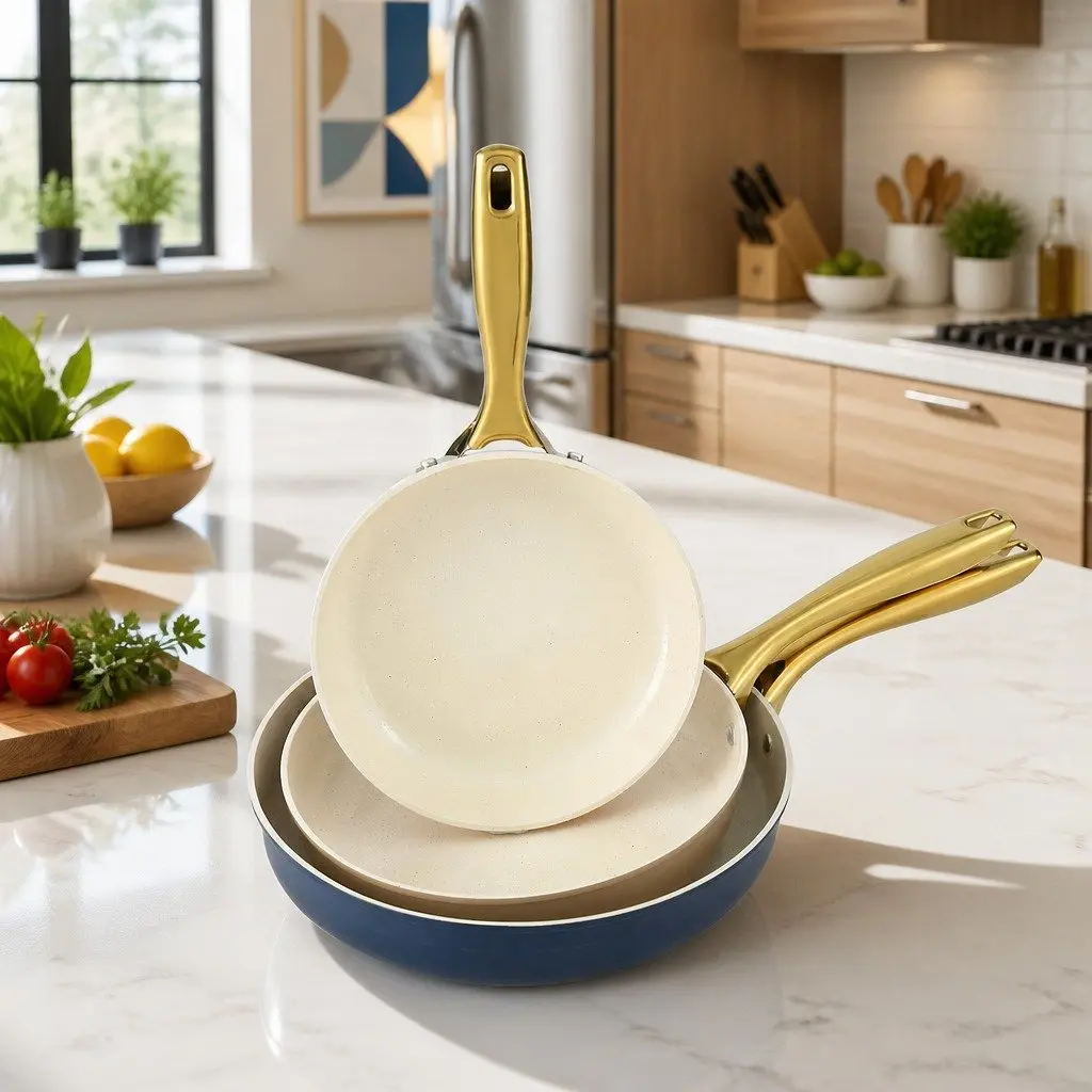 3 Piece Frying Pan Set Non-Stick Ceramic Cookware Kitchen Skillet Multi Colour