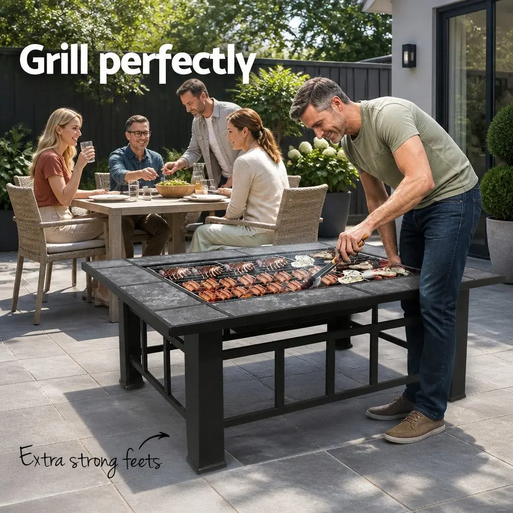 3-In-1 Fire Pit BBQ Grill Ice Bucket Outdoor Table Black Steel Ceramic Tile