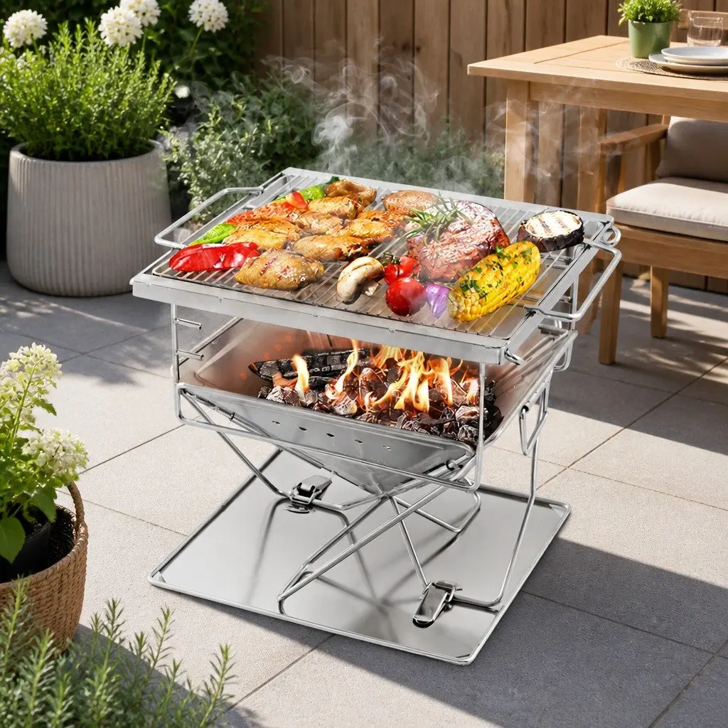 Portable BBQ Grill Fire Pit Stainless Steel Adjustable Height Folding for Outdoor Camping