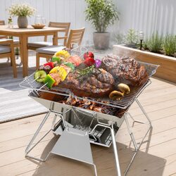 Portable Fire Pit BBQ Grill 2-in-1 Stainless Steel Height-Adjustable Outdoor