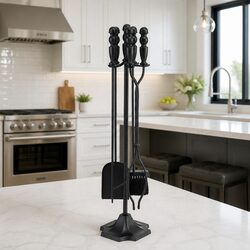 Fire Pit Tool Set 4 Piece Cast Iron Fireplace Poker Shovel Brush Clipper with
