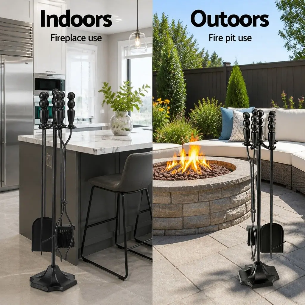 Fire Pit Tool Set 4 Piece Cast Iron Fireplace Poker Shovel Brush Clipper with Freestanding Stand
