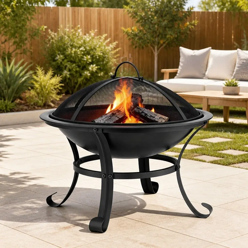 Fire Pit BBQ Grill 2 in 1 Outdoor Garden Heater with Deep Fire Bowl and Spark Proof Mesh Lid
