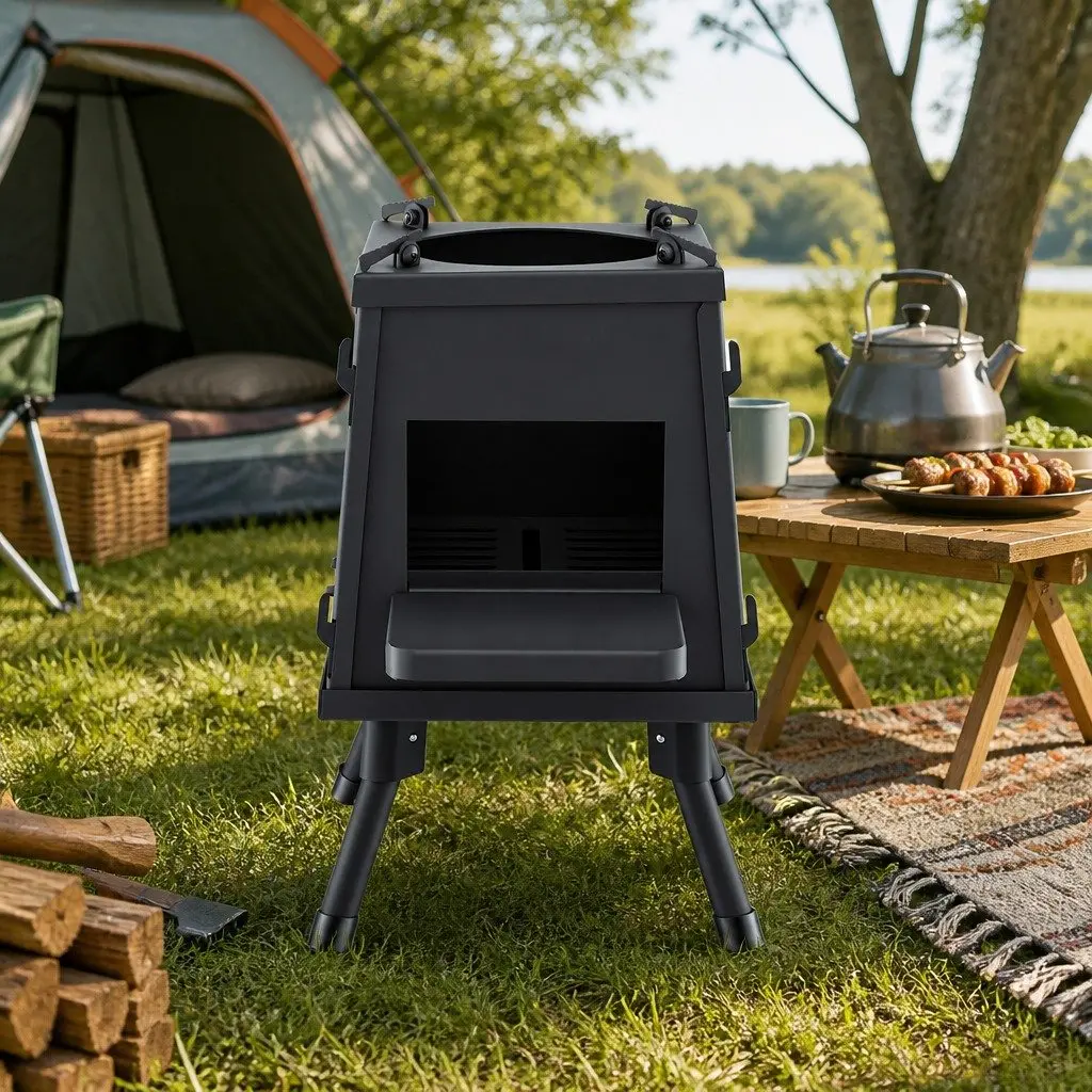 Portable Wood Burning Fire Pit BBQ Stove Cast Iron Camping Outdoor Cooking