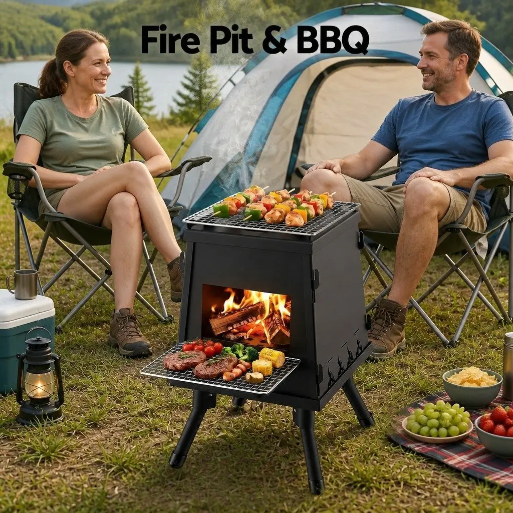 Portable Wood Burning Fire Pit BBQ Stove Cast Iron Camping Outdoor Cooking