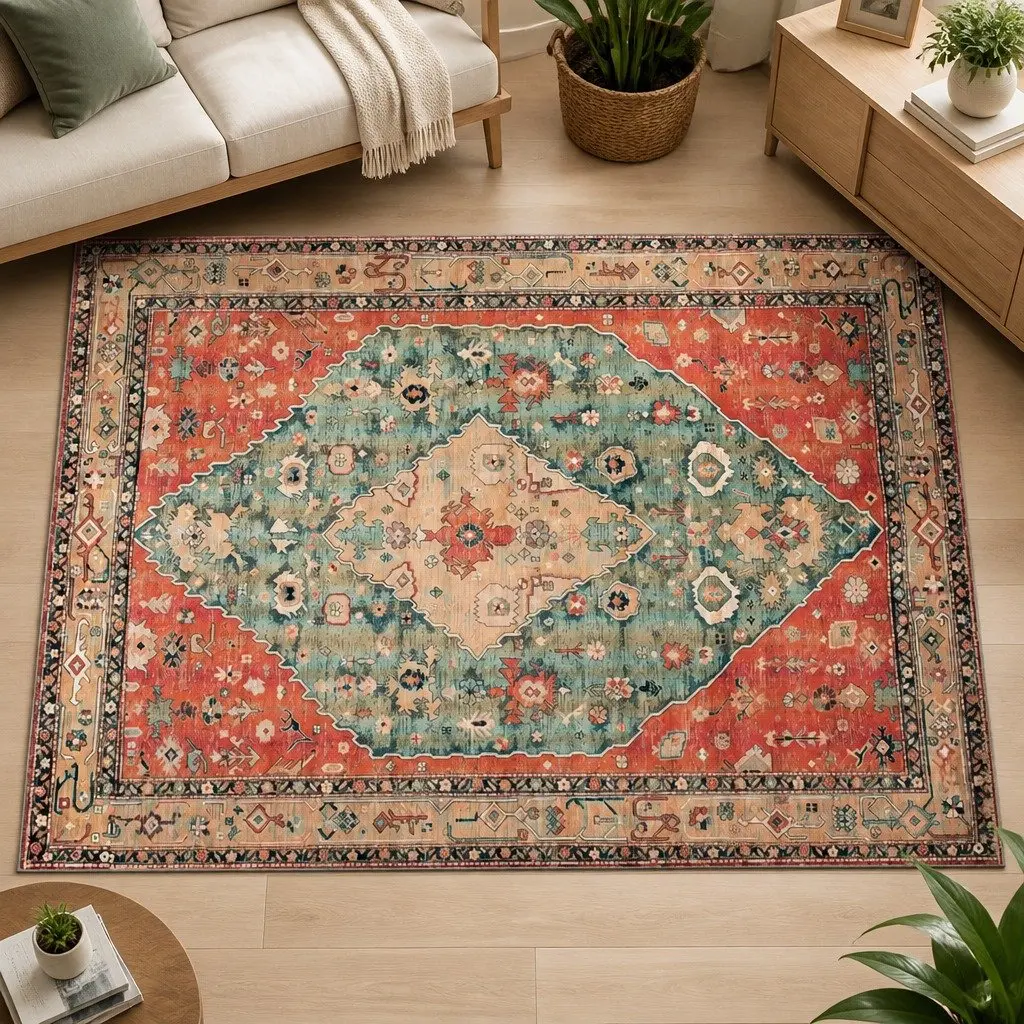 Vintage Area Rug Washable Floor Carpet Polyester Living Room Bedroom Decorator