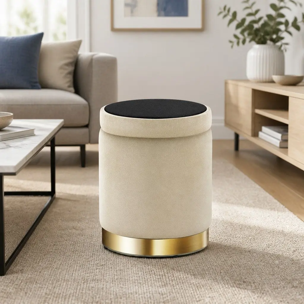 Round Ottoman 40cm Velvet Cream Tufted Storage Footstool Living Room Furniture