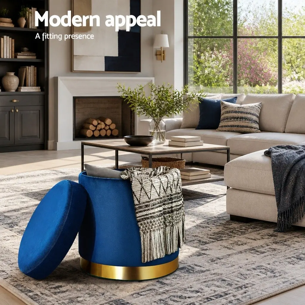 Ottoman Storage Foot Stool 40cm Round Velvet Navy Tufted Seat High Resilience