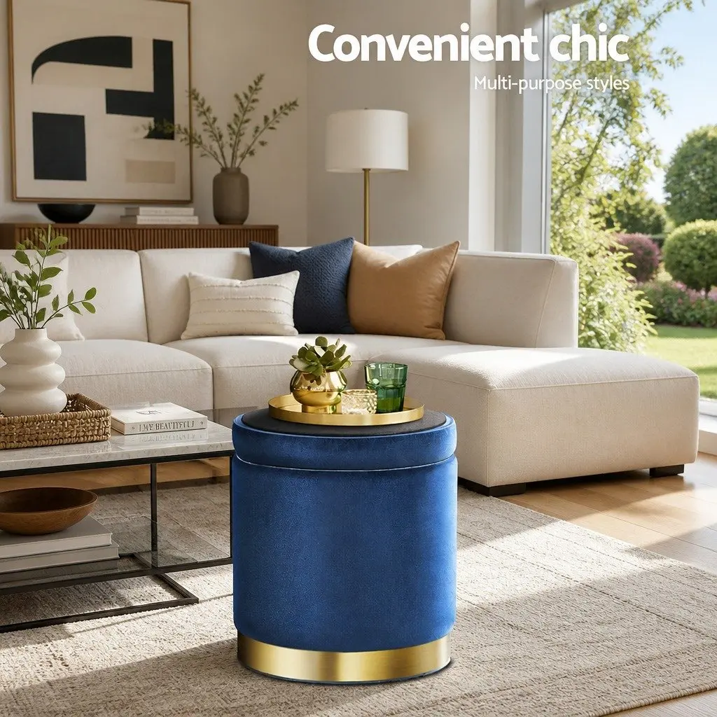 Ottoman Storage Foot Stool 40cm Round Velvet Navy Tufted Seat High Resilience