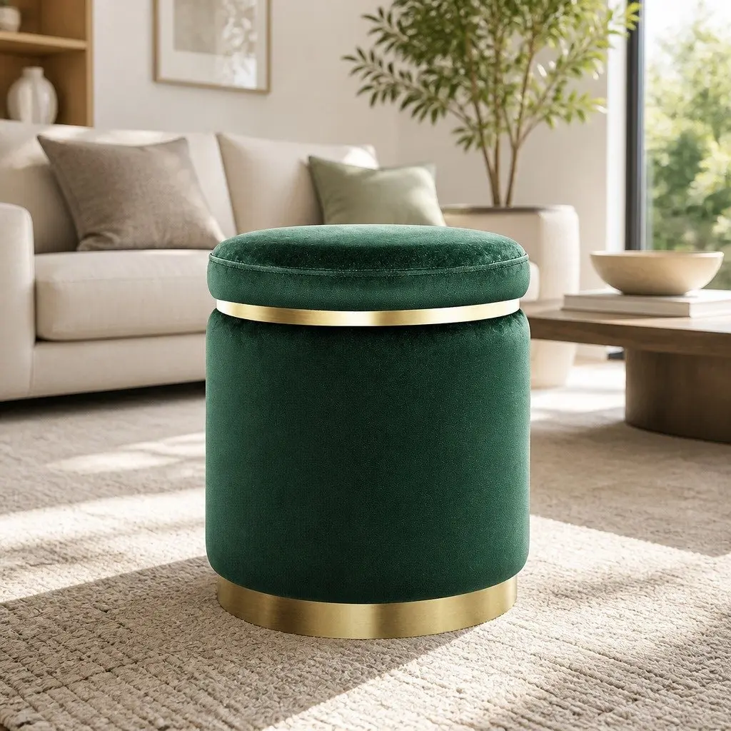 Round Ottoman Footstool 38cm Green Velvet Soft Seat with Tufted Detailing and Gold Accent Rings for Living Room Bedroom Furniture