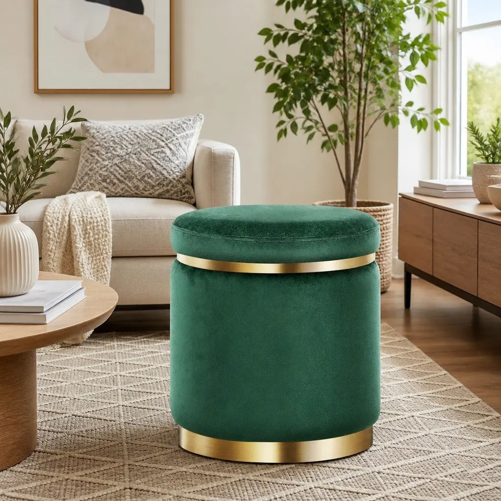 Round Ottoman Footstool 38cm Green Velvet Soft Seat with Tufted Detailing and Gold Accent Rings for Living Room Bedroom Furniture
