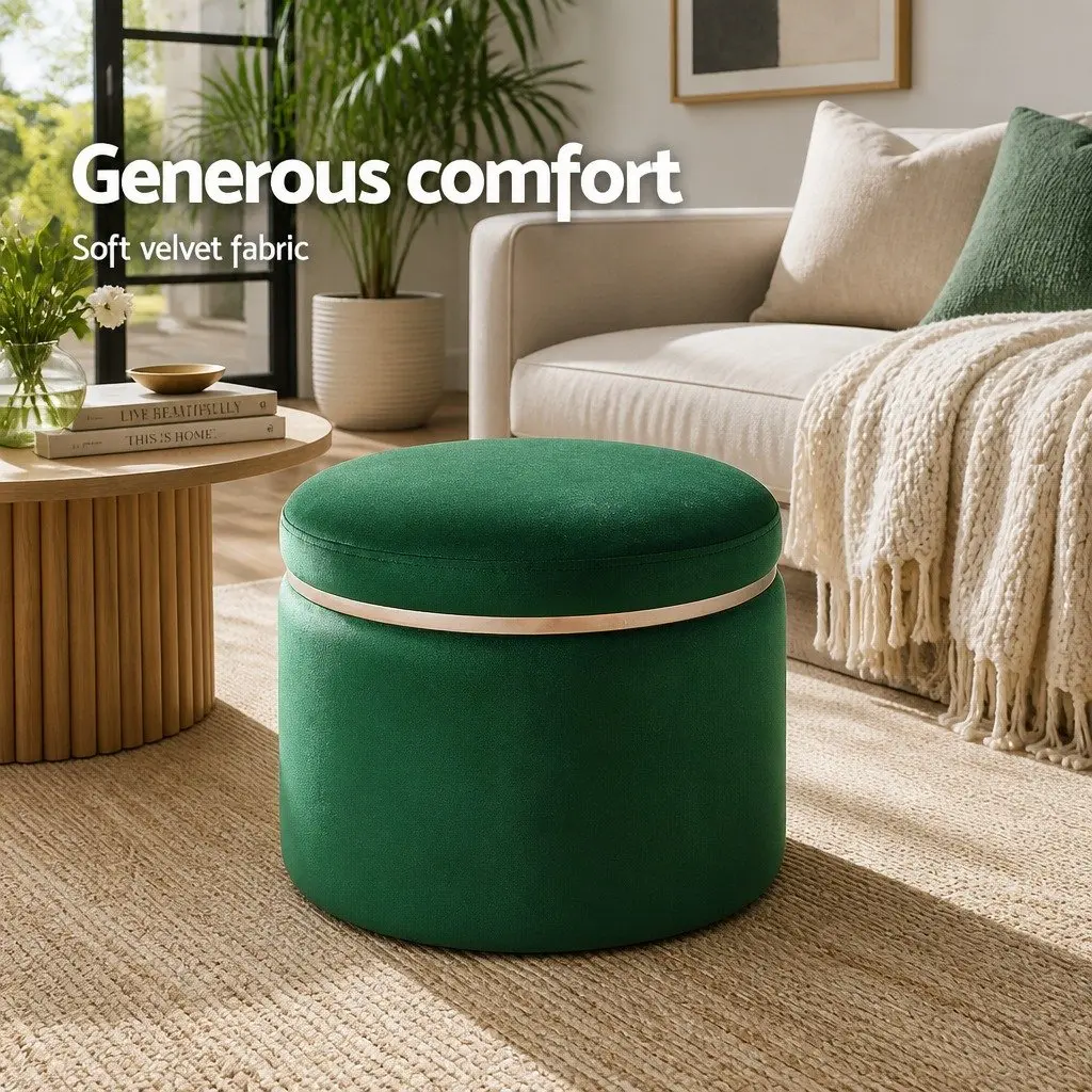 Round Ottoman Footstool 38cm Green Velvet Soft Seat with Tufted Detailing and Gold Accent Rings for Living Room Bedroom Furniture