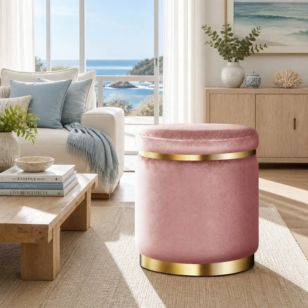 Round Ottoman Footstool 38cm Pink Velvet Upholstered Seat with Gold Rings