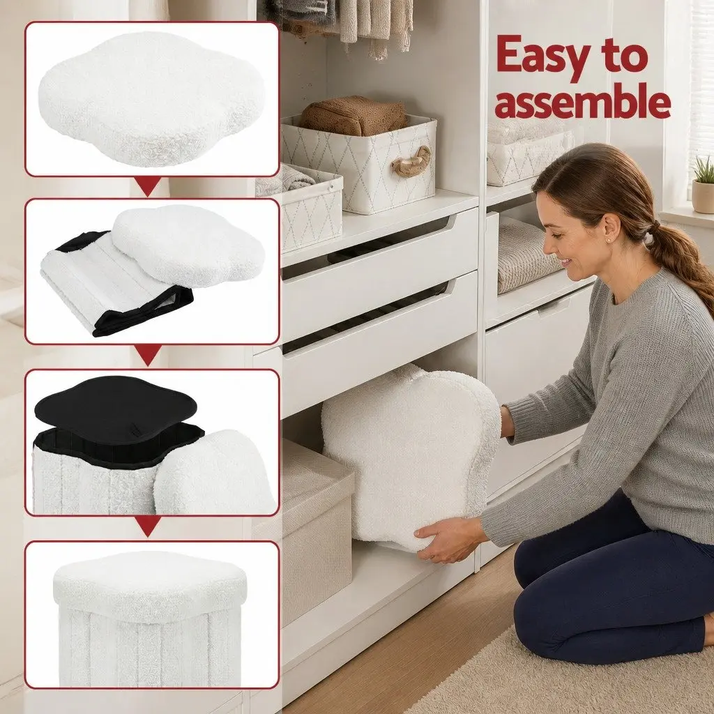 Storage Ottoman Foot Stool Foldable White Boucle Seat Hidden Organiser