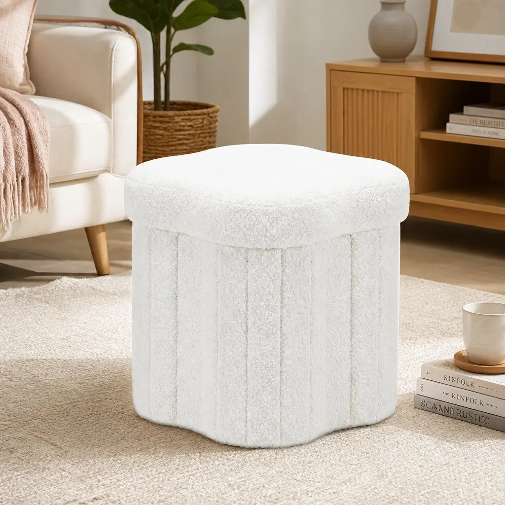 Storage Ottoman Foot Stool Foldable White Boucle Seat Hidden Organiser