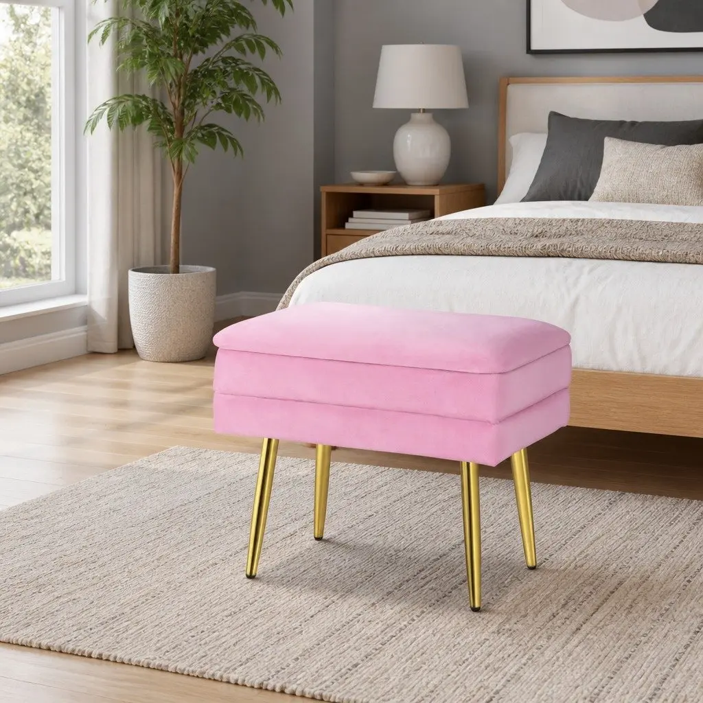 Ottoman Storage Foot Stool Velvet Pink Upholstered Seat with Detachable Lid