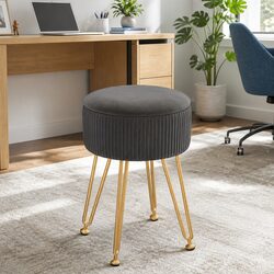 Round Ottoman Storage Footstool Velvet Coffee Table Grey Vanity Seat