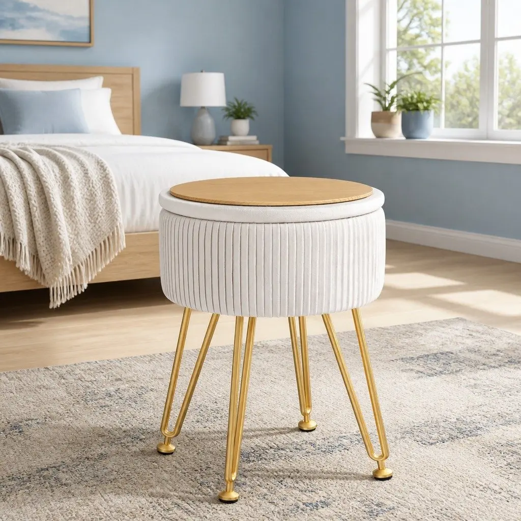 Round Ottoman 32cm Velvet White Storage Footstool with Reversible Table Lid