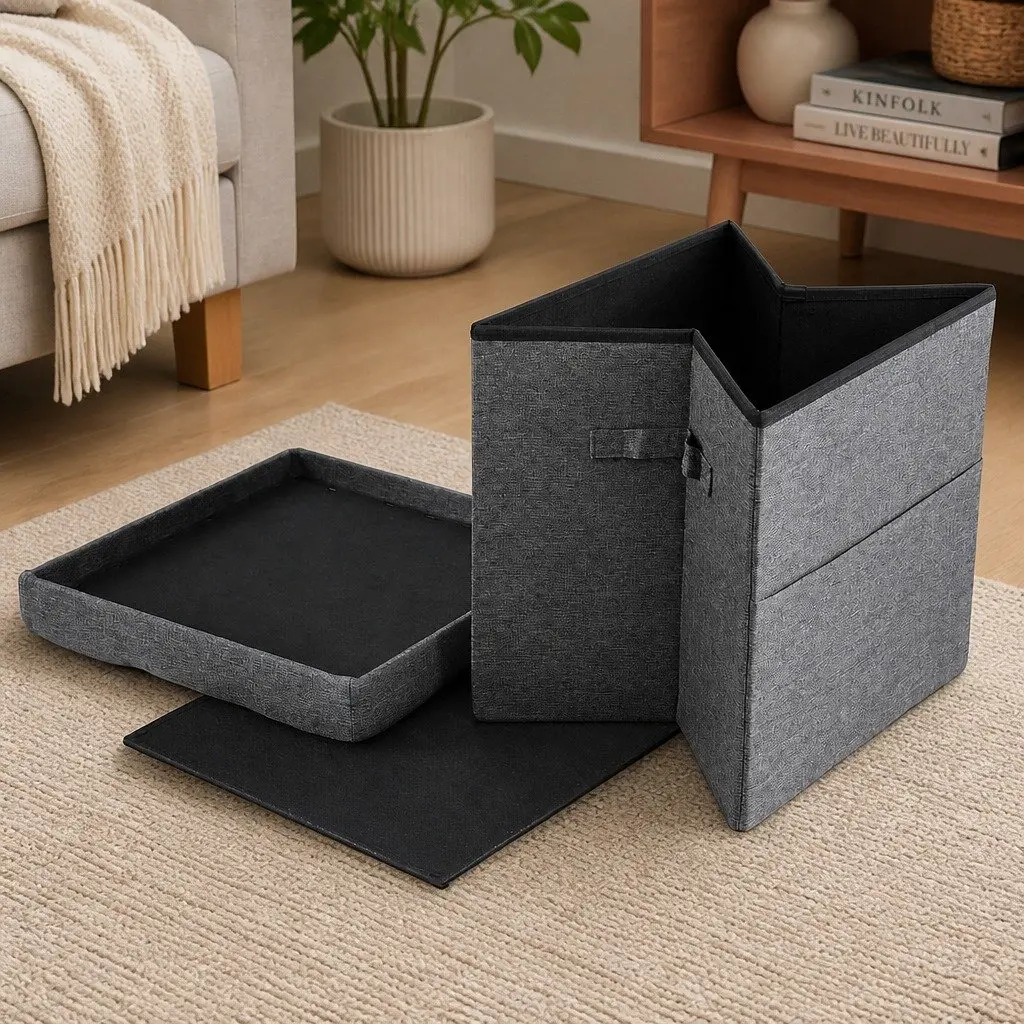 Storage Ottoman Footstool Foldable Grey Rest Seat Living Room Bedroom Furniture