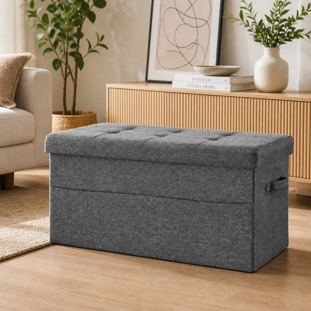 Storage Ottoman Foot Stool Foldable Grey Seat with Hidden Storage Space