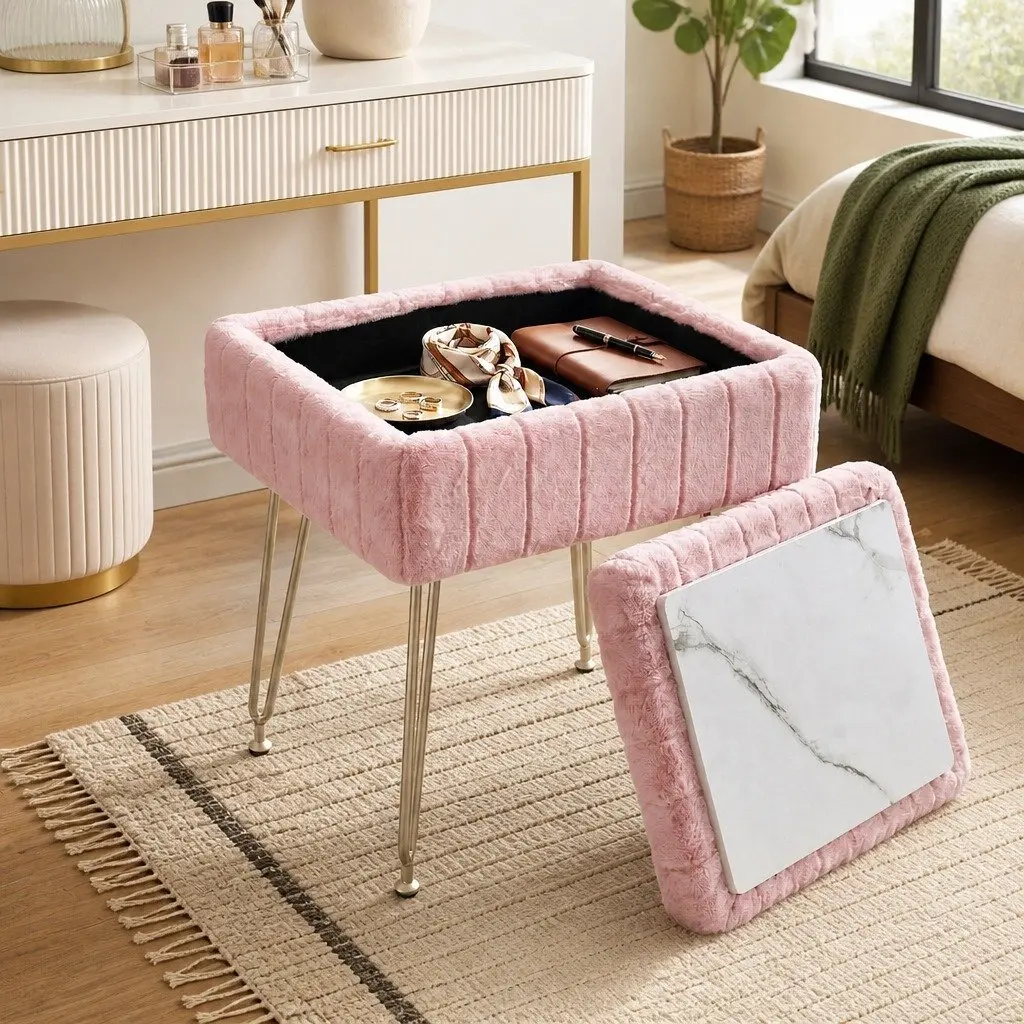 Storage Ottoman 41cm Pink Faux Fur Reversible Table Lid Hidden Storage