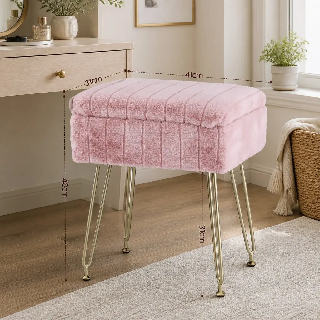 Storage Ottoman 41cm Pink Faux Fur Reversible Table Lid Hidden Storage