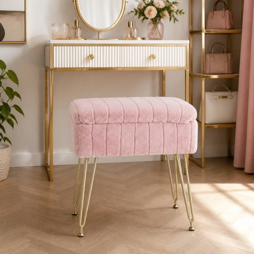 Storage Ottoman 41cm Pink Faux Fur Reversible Table Lid Hidden Storage