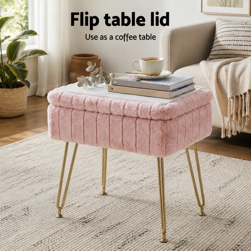 Storage Ottoman 41cm Pink Faux Fur Reversible Table Lid Hidden Storage