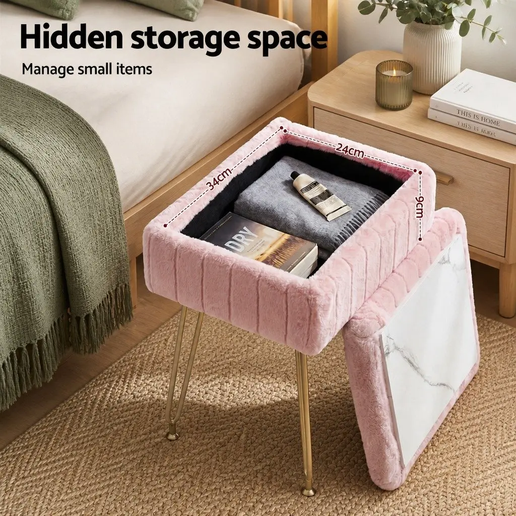 Storage Ottoman 41cm Pink Faux Fur Reversible Table Lid Hidden Storage