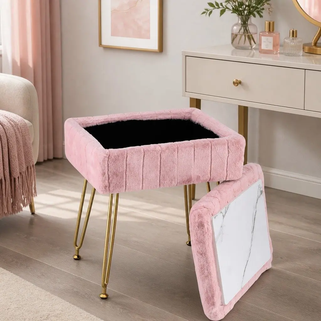 Storage Ottoman 41cm Pink Faux Fur Reversible Table Lid Hidden Storage