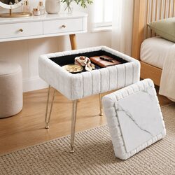 Storage Ottoman Footstool White Faux Fur Reversible Table Lid Bedroom Living