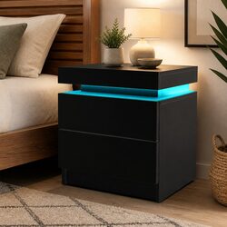 Bedside Table with LED Lighting 2 Drawers Storage Black Side Table Bedroom