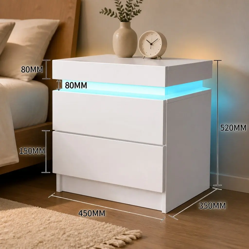 Bedside Table RGB LED Side Table White Storage Drawers Lift-Top Compartment