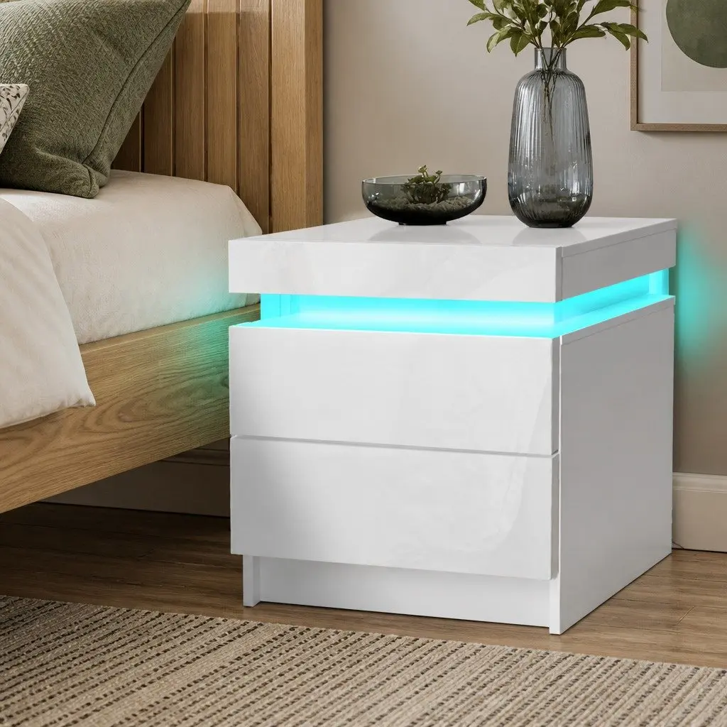 Bedside Table RGB LED Side Table White Storage Drawers Lift-Top Compartment