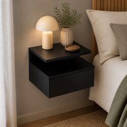 Bedside Table Wall Mounted LED Light Storage Black Side Table Bedroom Set of 2
