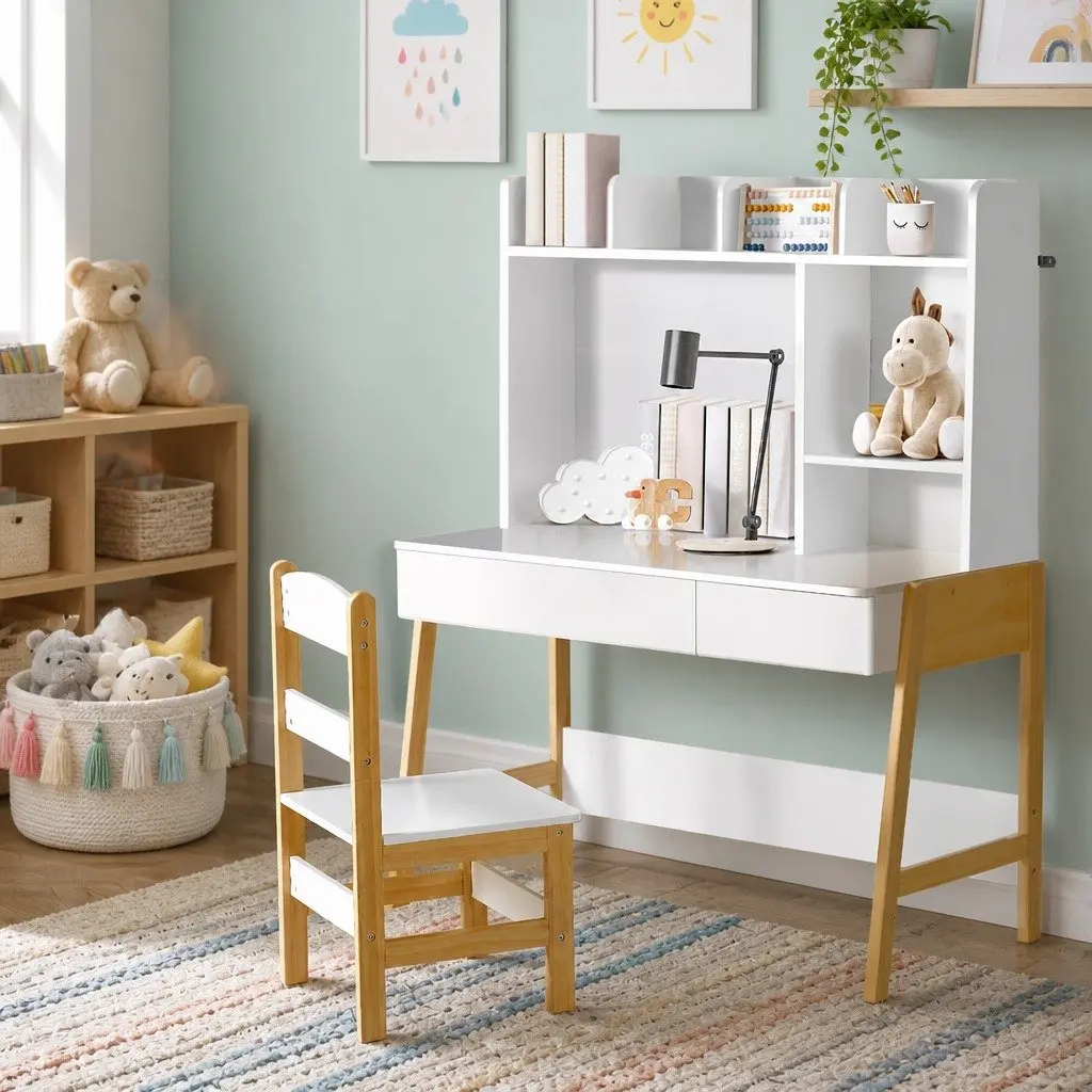 Kids Study Desk and Chair Set Storage Table with Large Drawer and Open Shelving for Children