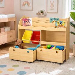 Kids 3-Tier Bookshelf Storage Organiser Display Shelf Toy Box with Removable