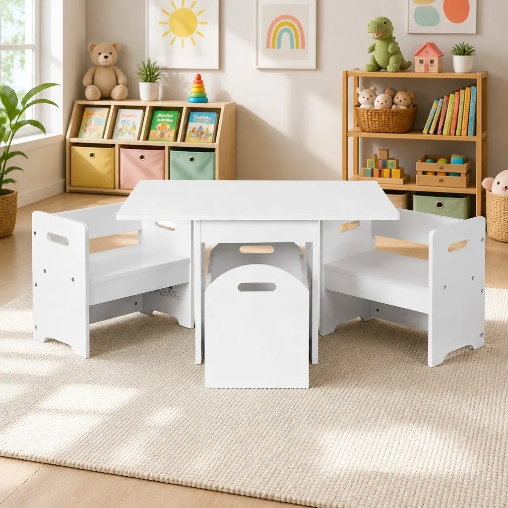Kids Table and Chairs Set 3 Piece Storage Box Play Activity Desk White
