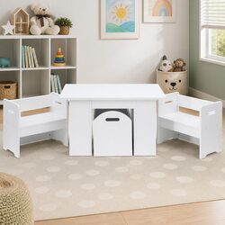 Kids Table and Chairs Set with Storage Box White Play Activity Desk 3 Piece