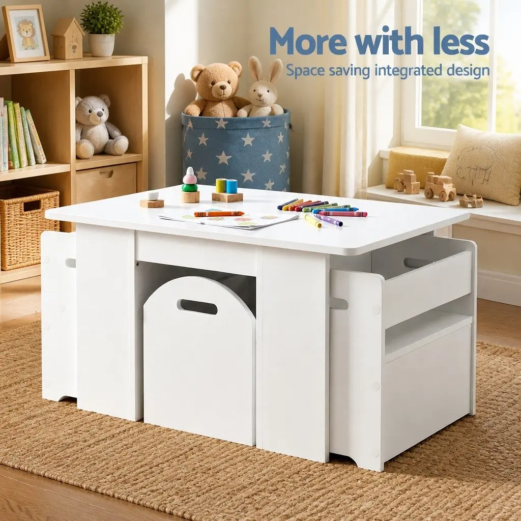 Kids Table and Chairs Set with Storage Box White Play Activity Desk 3 Piece