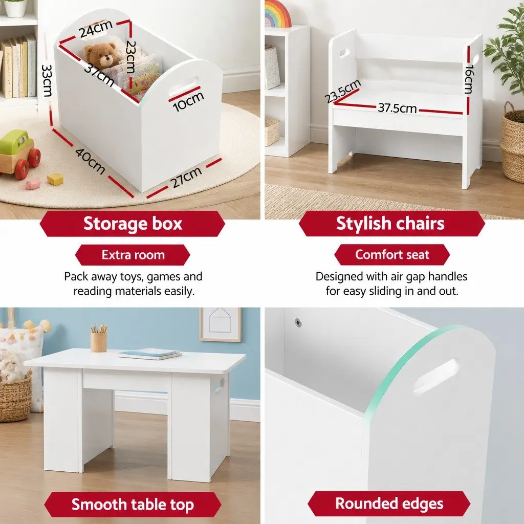 Kids Table and Chairs Set with Storage Box White Play Activity Desk 3 Piece
