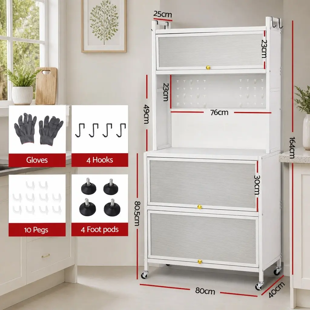 Kitchen Storage Cabinet 80CM White Shelves with Pegboard and Hooks for Organization