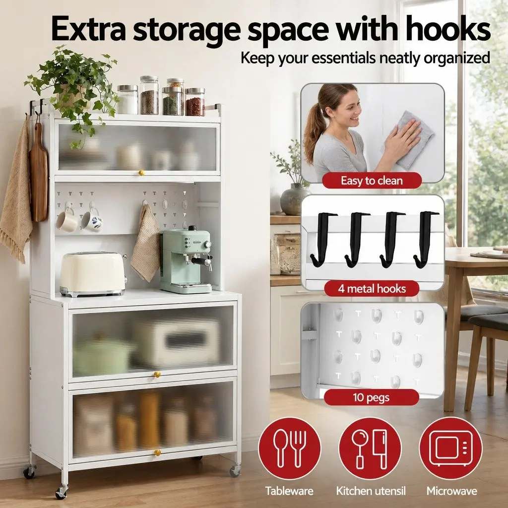 Kitchen Storage Cabinet 80CM White Shelves with Pegboard and Hooks for Organization