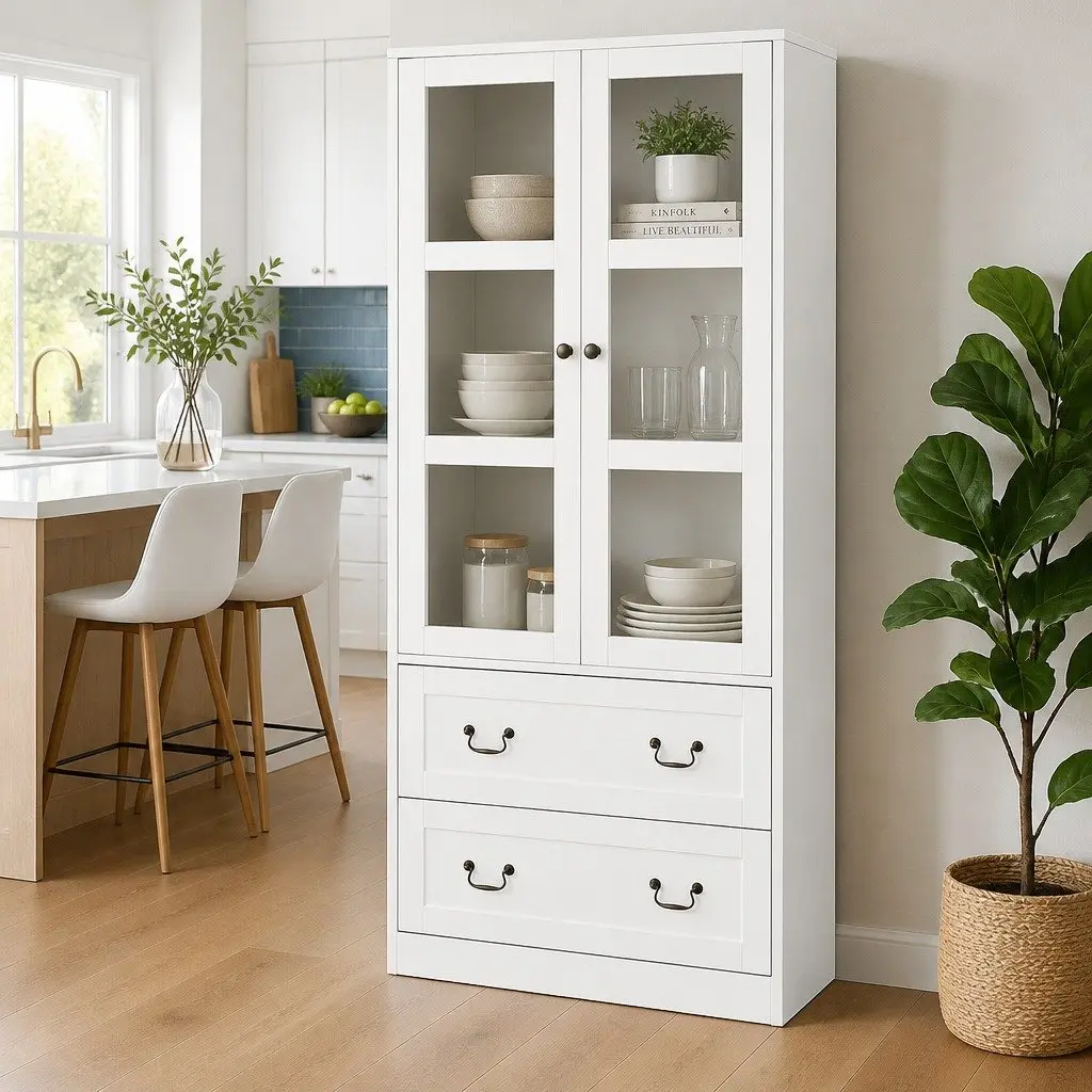 Buffet Sideboard 180cm White Kitchen Storage Cabinet with Clear Glass Door and Drawers