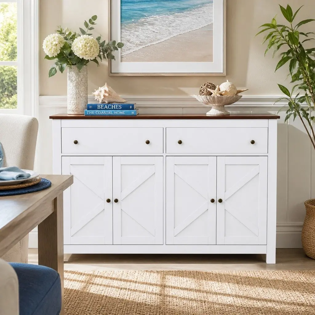 Buffet Sideboard Storage Cabinet 140CM X-Frame Doors 2 Drawers Height Adjustable Shelves Silent Soft Closing Hinges