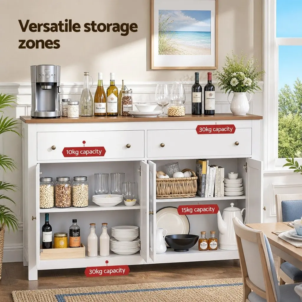 Buffet Sideboard Storage Cabinet 140CM X-Frame Doors 2 Drawers Height Adjustable Shelves Silent Soft Closing Hinges