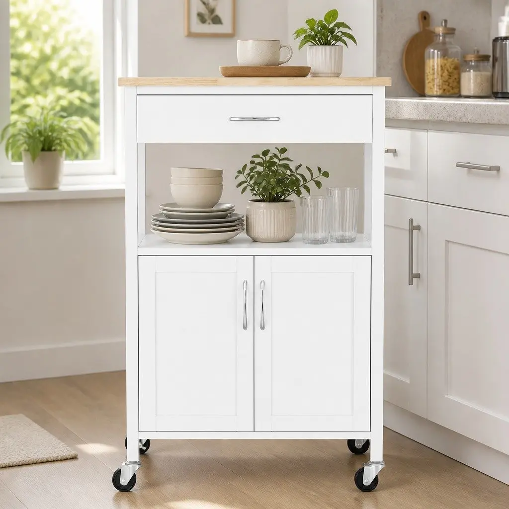 Kitchen Island Trolley 60cm Mobile Storage Cart with Drawer Cabinet and Open Shelf in White