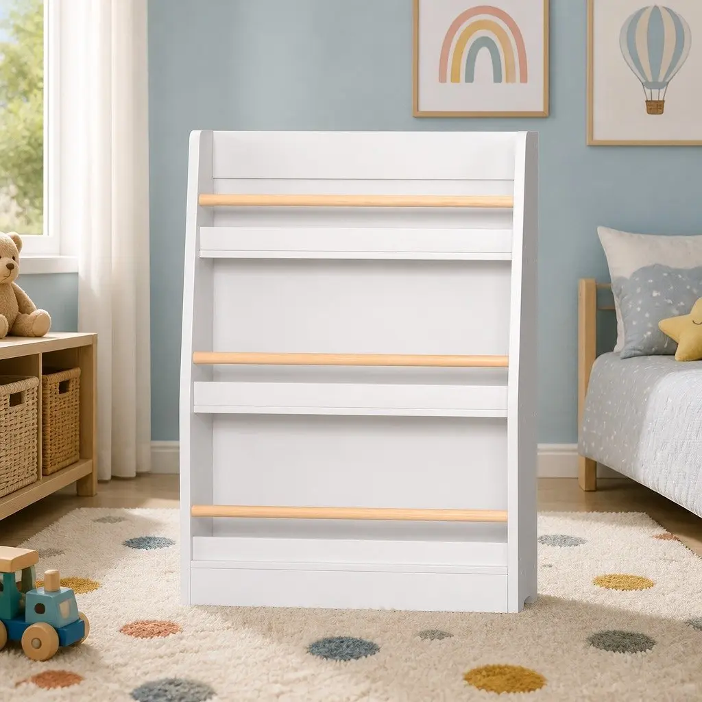 Kids Bookshelf 3 Tier Yellow Storage Organiser with Protective Rods for Children's Books and Toys