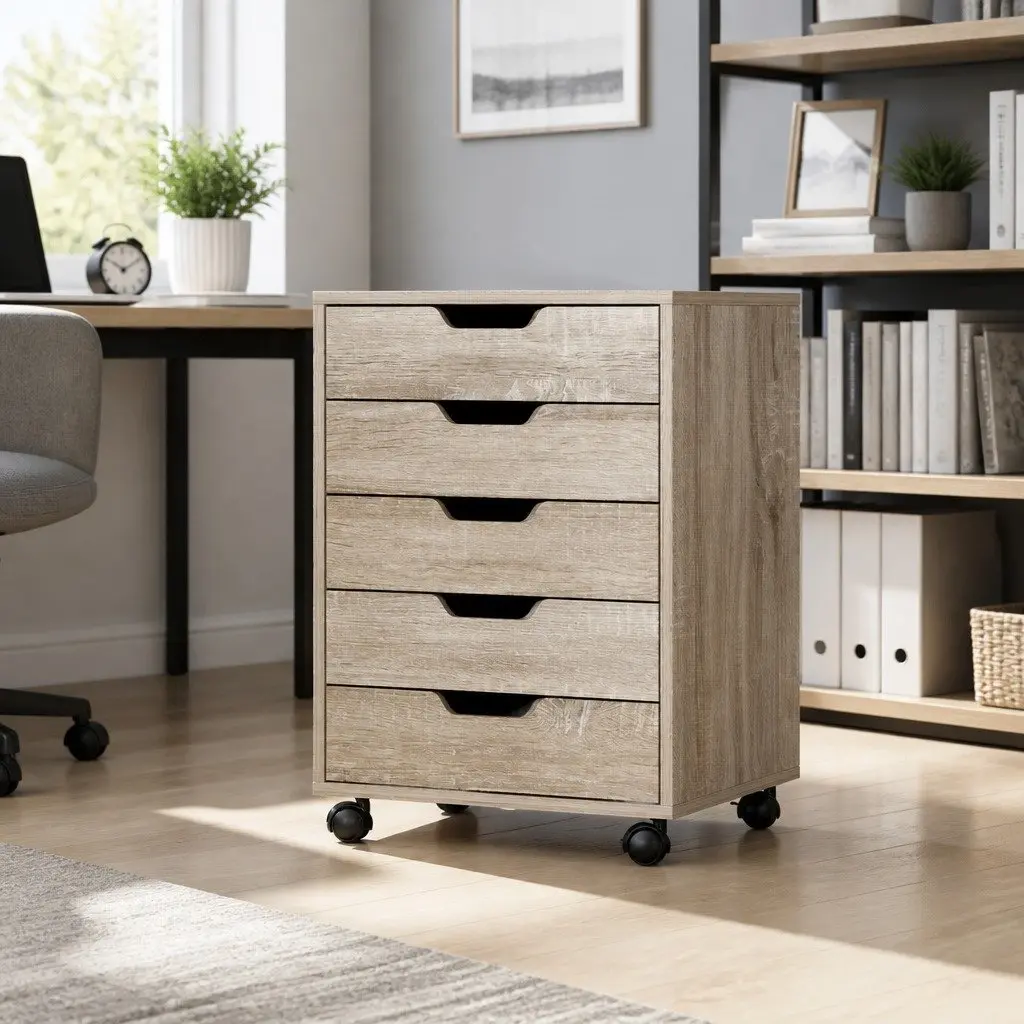 5-Drawer Filing Cabinet Mobile Rolling Storage Chest Walnut Color Smooth Drawer Slides